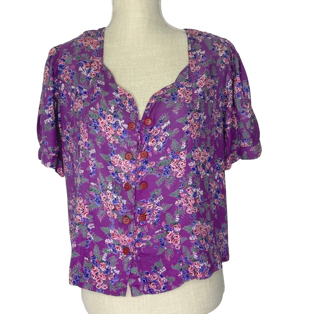 Vintage April Cornell purple button‎ front short sleeve floral top
